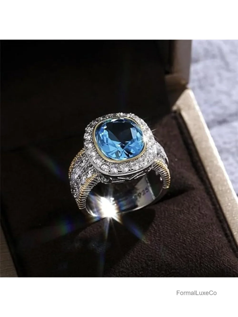 Sterling Silver & 18K Gold Plated Cocktail Ring with Blue Sapphire & CZ Stones